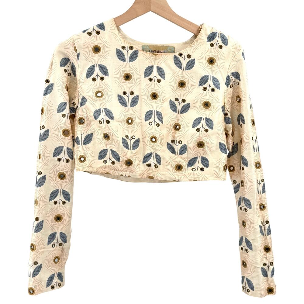 Payal Singhal Ivory 100% Silk Mirror Embellished Sari Blouse Crop Top